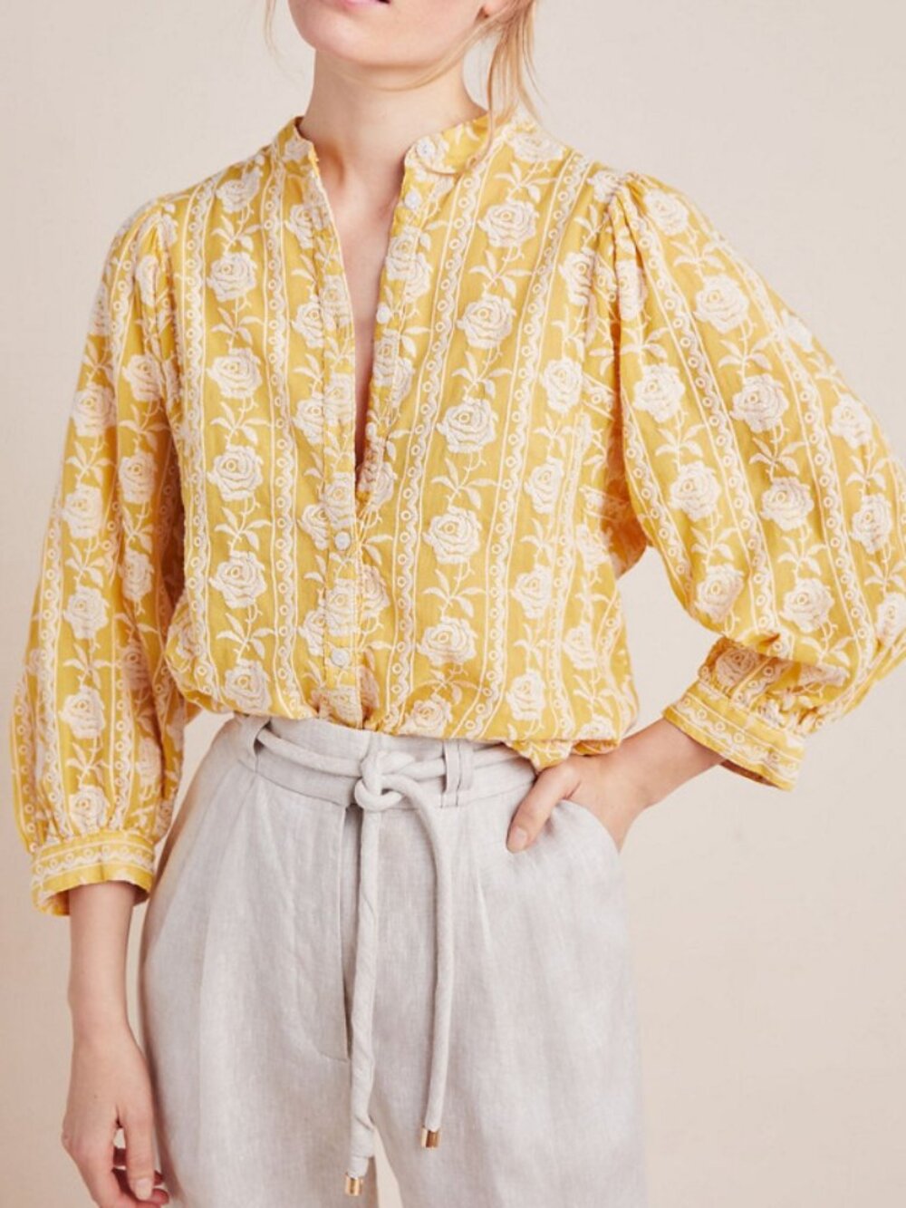 Anthropologie The Bella Femme Buttondown white and yellow floral embroidered xs